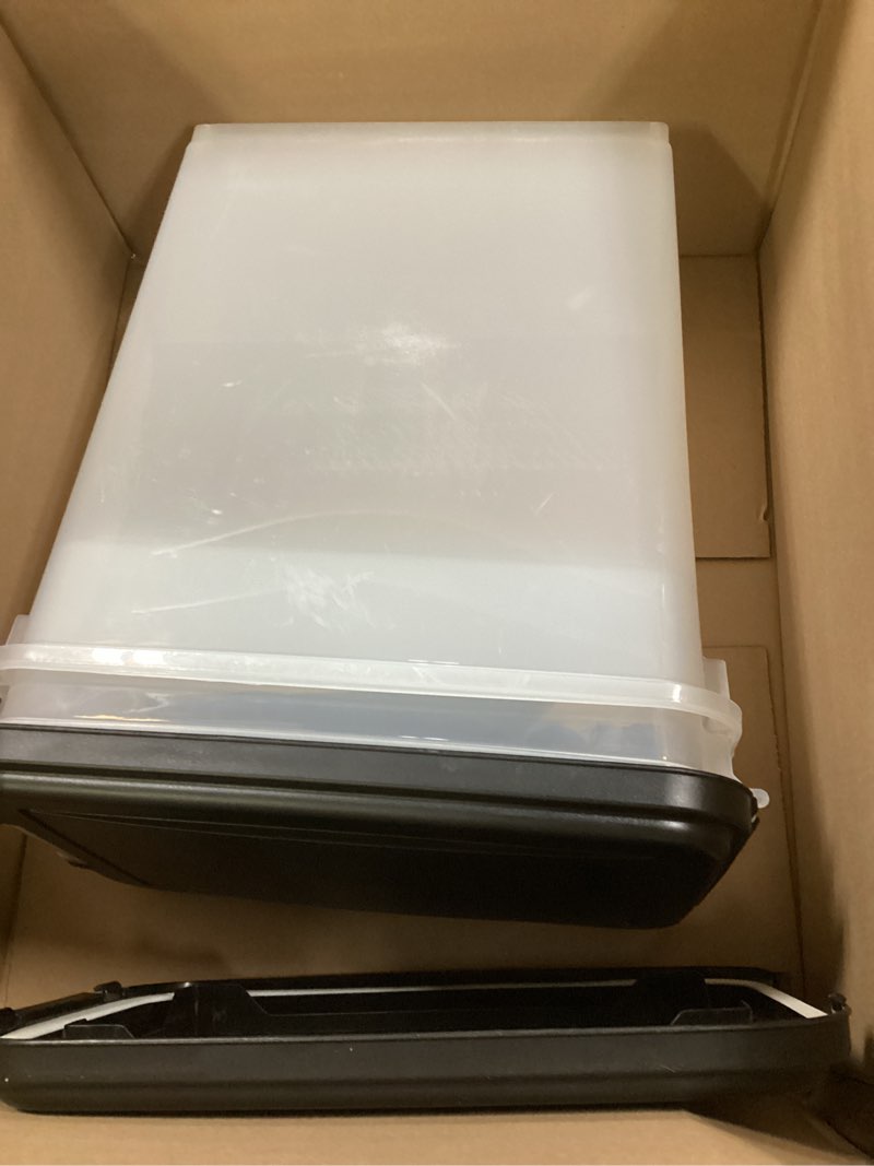 Condition photo showing As Is for IRIS USA Dog Food Storage Container, 30 lbs & 11 lbs Combo, Cat Food Storage Container, Dog Treat Container, Airtight, Stackable, 2-Cup Scoop, Wheels, Easy Mobility, Black 30 lbs + 11 lbs Black