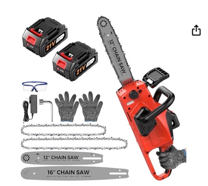 battery powered chainsaw,12" & 16" dual guide plate.21v electric cordless chainsaw with 2 batteries and charger.brushless chain saw kit with safety goggles and gloves for tree pruning and wood cutting
