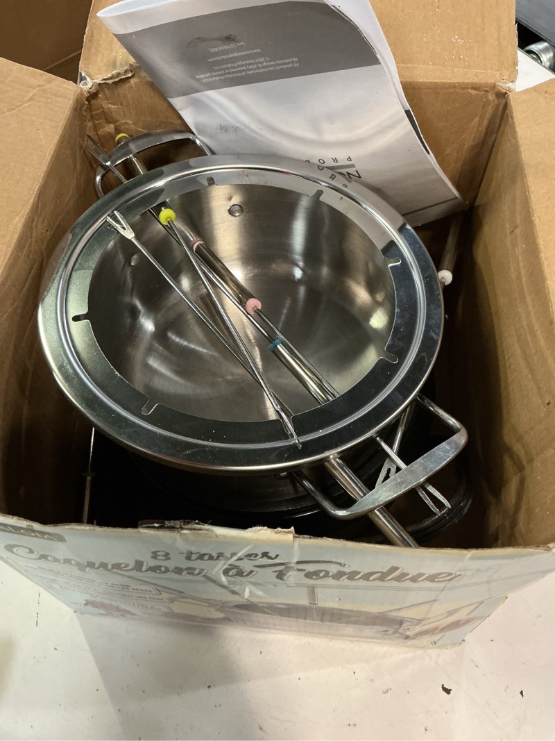 Condition photo showing Good Condition for nostalgia 8-cup electric fondue pot set for cheese & chocolate - 8 color-coded forks, temperature control - kitchen gadgets and appliances for hors d'oeuvres and more - stainless steel