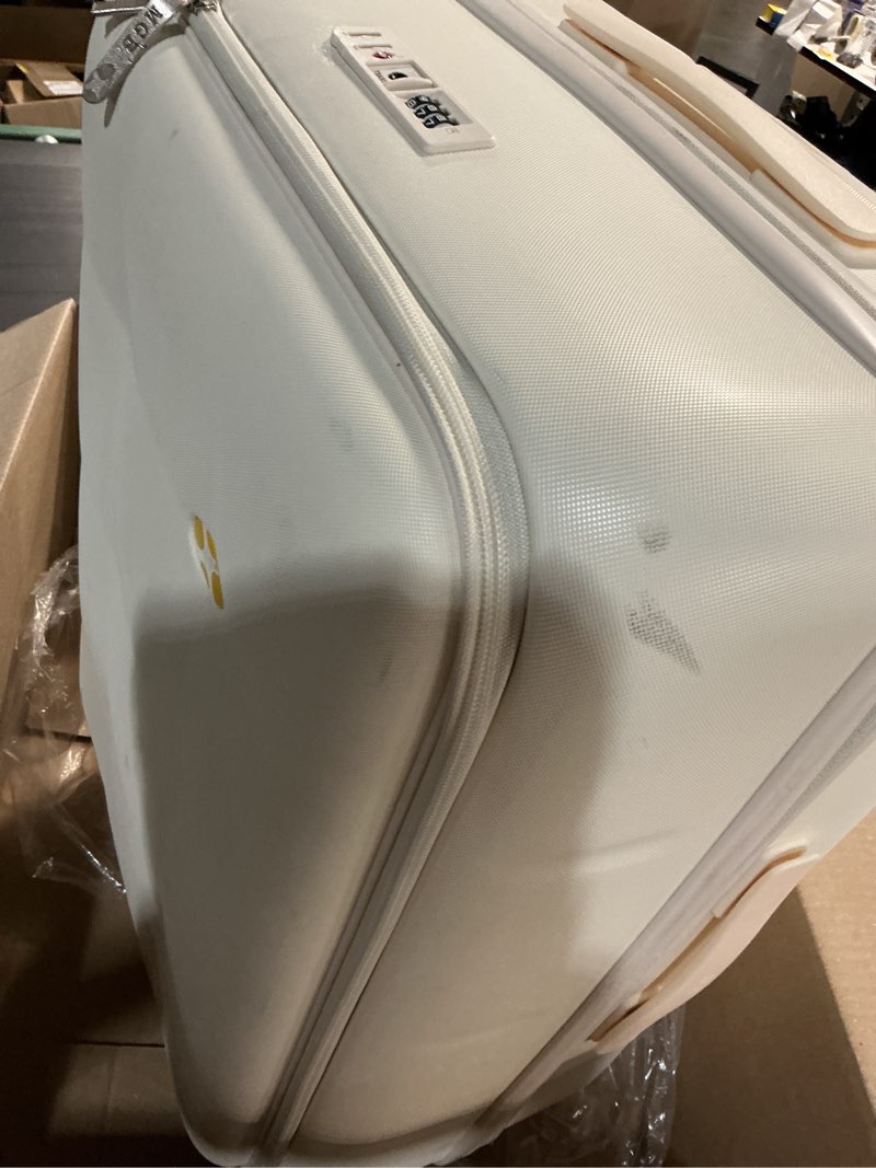 Condition photo showing As Is for mgb 28 inch luggage with spinner wheels, large checked suitcase, cream