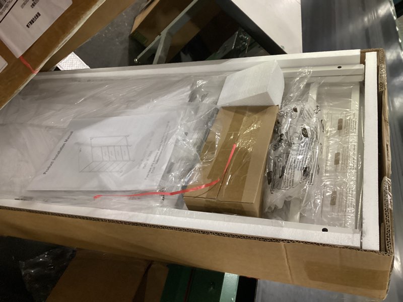 Condition photo showing New/Like New for fabric dresser with clothes rack, 4 drawers dresser for bedroom with charging station and led lights, chest of drawers with wheels, steel frame, wood top, for bedroom, closet, white