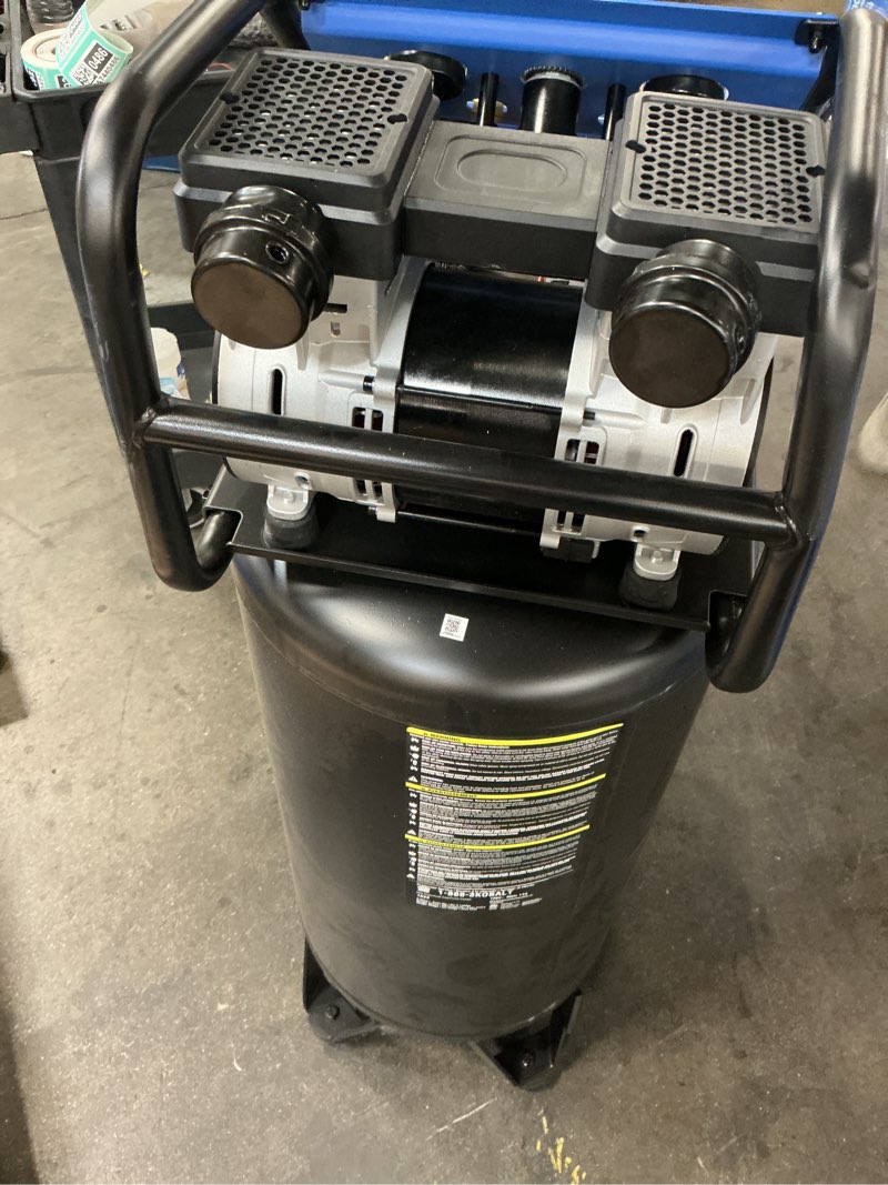 Condition photo showing As Is for kobalt quiet tech 26-gallon portable electric 150 psi vertical air compressor