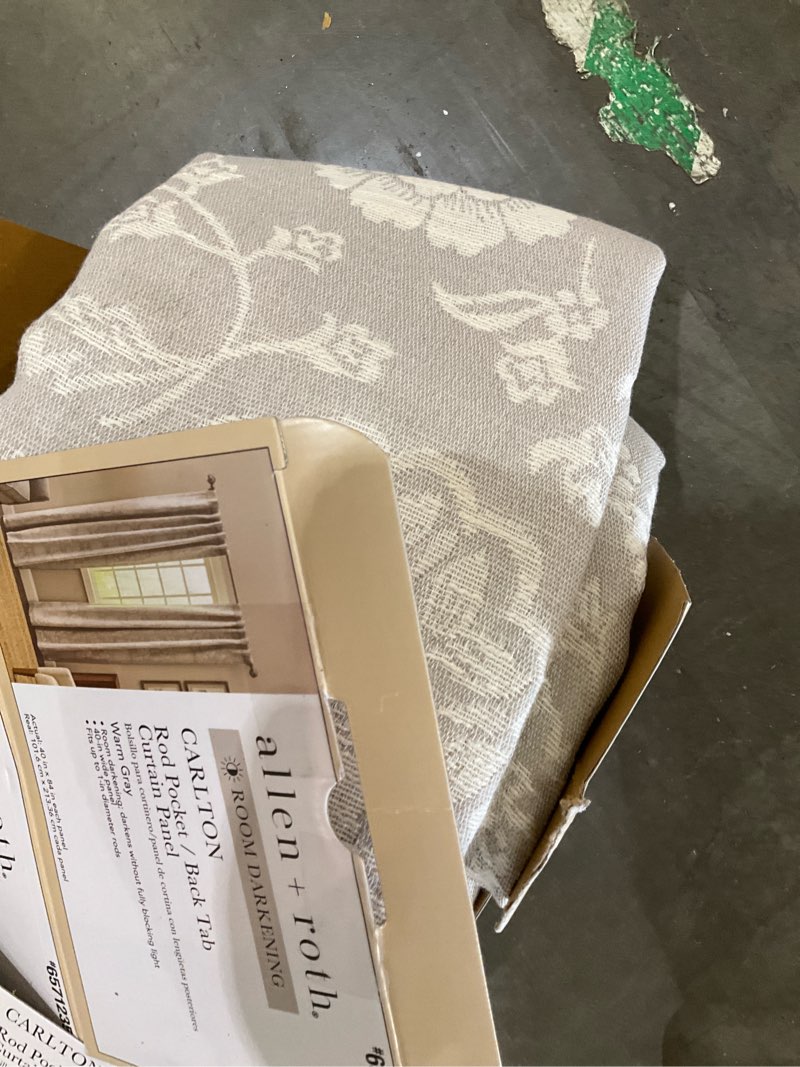 Condition photo showing As Is for allen + roth 84-in warm gray floral room darkening interlined back tab single curtain