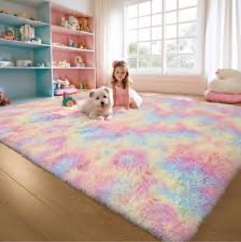 6x9 rainbow shaggy kids unicorn rug for girls bedroom, fluffy fuzzy soft plush pastel large area rug