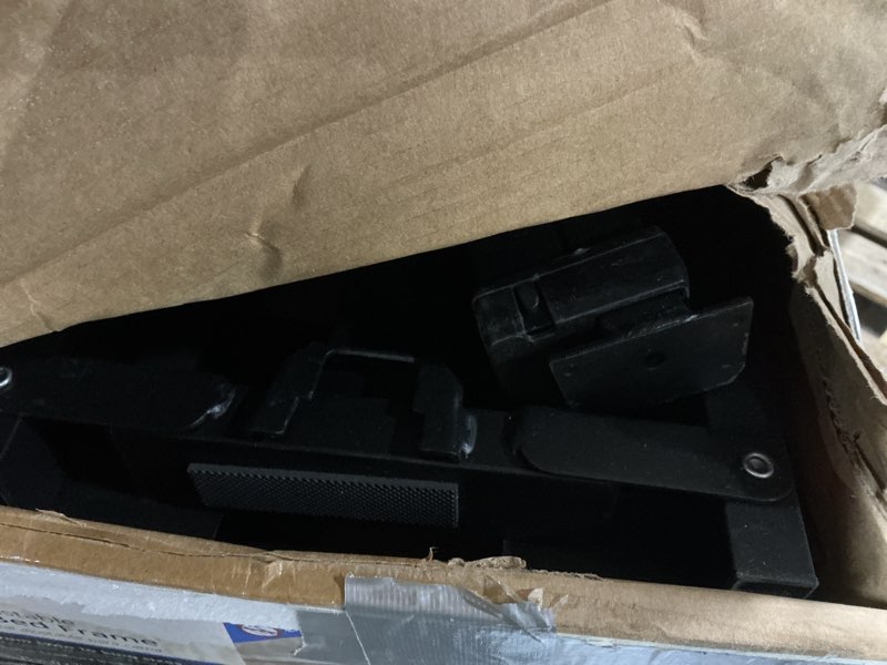 Condition photo showing As Is for mainstays 7" adjustable low profile bed frame, twin - king, black steel
