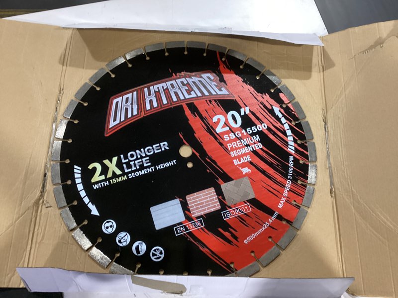 Condition photo showing New/Like New for 20 inch diamond concrete saw blade, segmented general purpose blade dry/wet cutting concrete, reinforced concrete, masonry, brick, block,1" arbor
