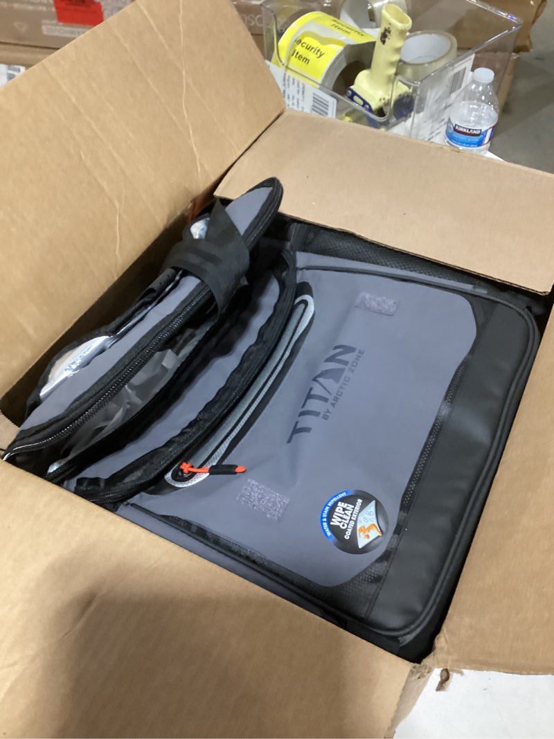 Condition photo showing As Is for Titan Deep Freeze 60 (50+10) Can Wheeled Cooler - Collapsible Rolling Cooler with Wheels and All-Terrain Cart Sharkskin Grey