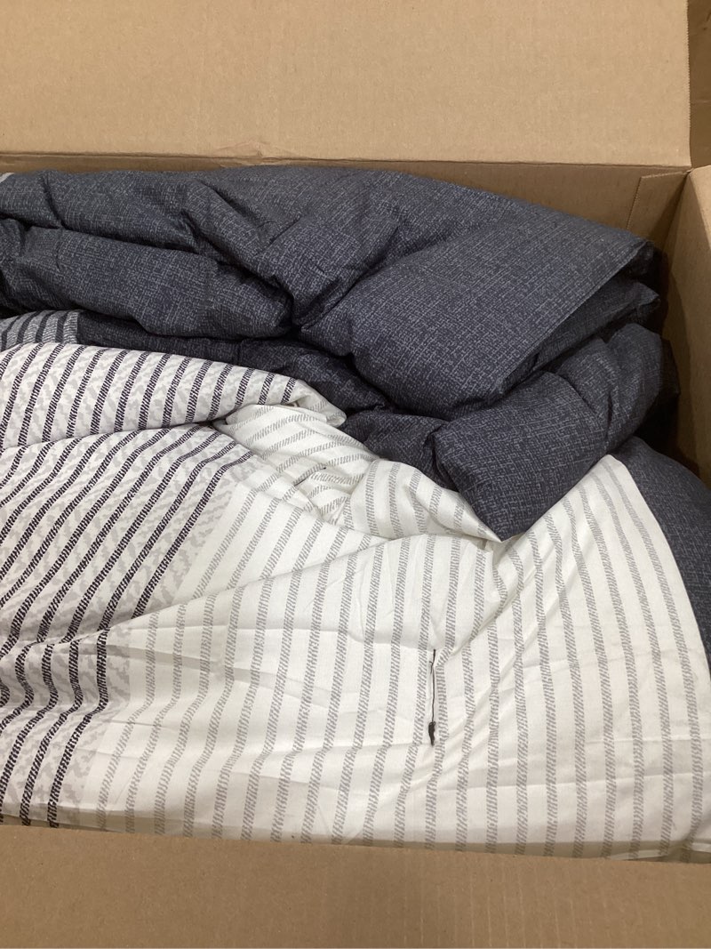 Condition photo showing As Is for Andency Queen Comforter Set 7 Pieces Bed in a Bag - Black White Grey Striped Lightweight Soft Microf