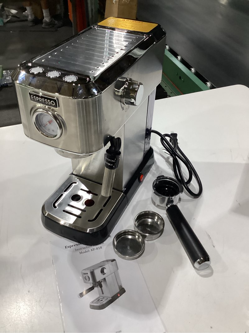Condition photo showing Good Condition for espresso machine, 20 bar espresso maker with milk frother steam wand for latte and cappuccino, compact stainless steel espresso coffee machine with 50oz removable water tank for home black
