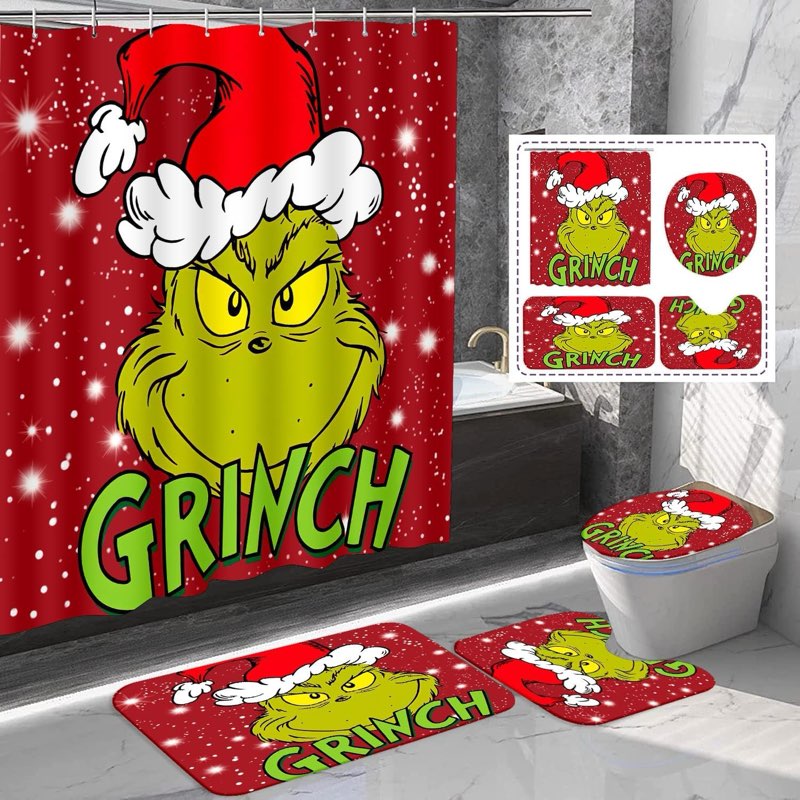 Merry Christmas Bathroom 4-Piece Set, Shower Curtain, Non-Slip Rug, Toilet Seat Cover and Bath Mat C