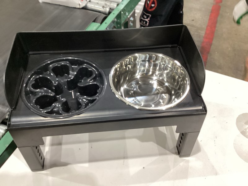 Condition photo showing Good Condition for feandrea dog bowls elevated, raised stand with 1 slow feeder and two 304 stainless steel bowls, adjustable height and tilted design, ink black uprb103b01