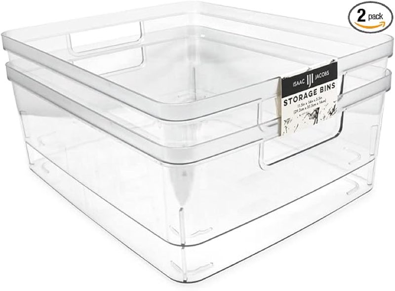 Isaac Jacobs 2-Pack Large Clear Storage Bins (11.5” L x 14” W x 5.5” H) w/Cutout Handles, Plastic Or