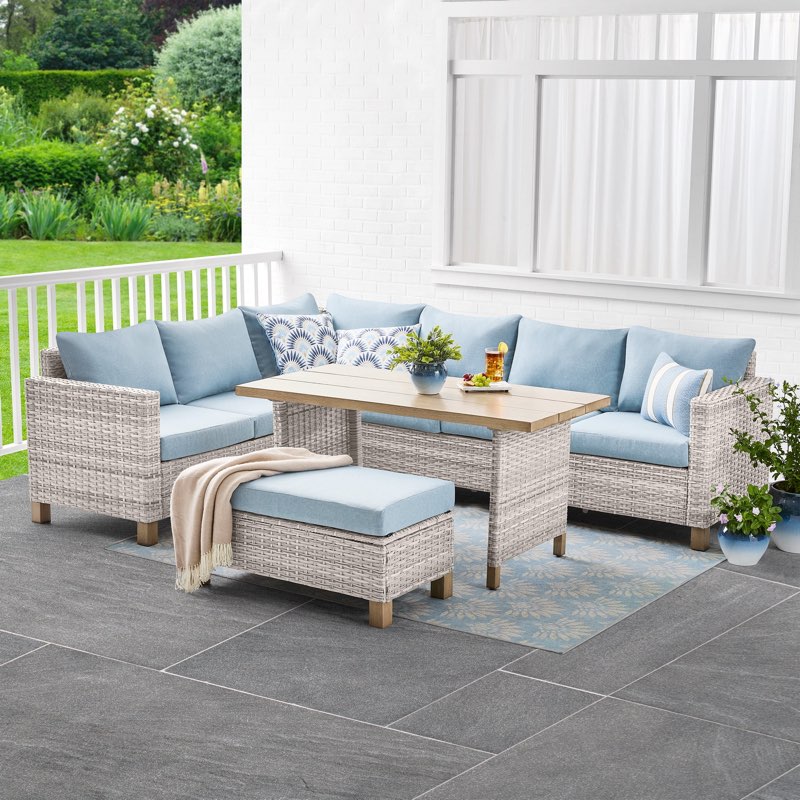 better homes & gardens  brookbury 4-piece sectional dining set chambray blue cushion, light wicker