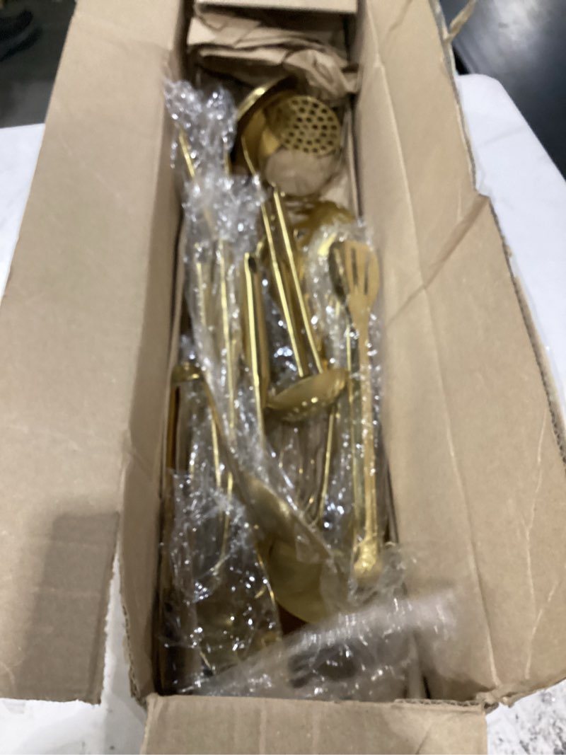 Condition photo showing As Is for gold cooking utensils set - 18/10 stainless steel small and large spoons set, 16 pcs all metal kitchen tools, serving utensils - whisk, masher, fork, tongs, spatula, turner, ladle, skimmer, pasta 16-pieces