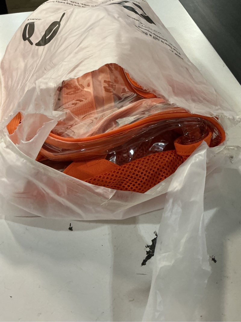 Condition photo showing New/Like New for clear backpack heavy duty xl - h18''xw14''xd8. has tsa lock - orange | pvc transparent backpack has 2-way premium zipper and key holder. extra large transparent orange rhino