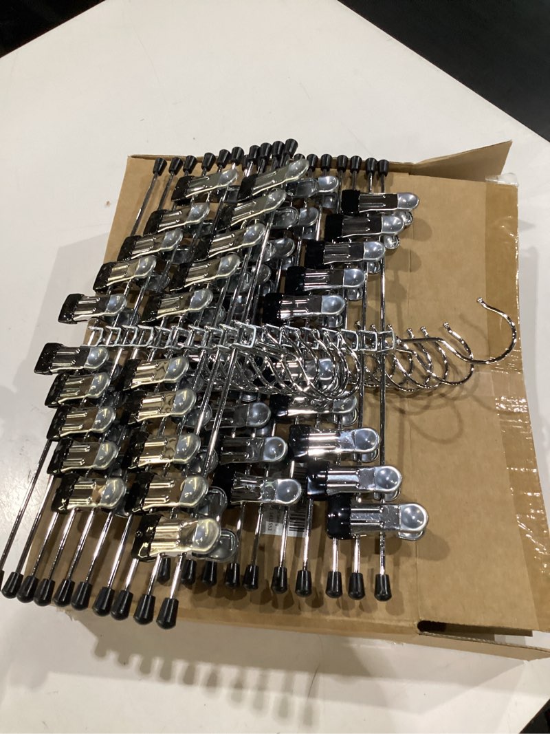 Condition photo showing New/Like New for pants hangers with clips: 20 pack skirt hangers for women metal adjustable trouser hangers for jeans shorts dress - black black 20pack