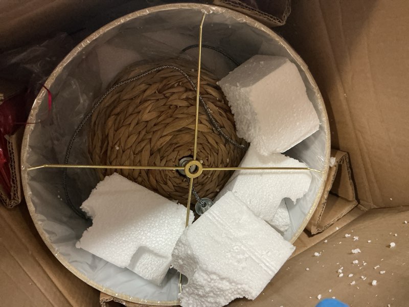Condition photo showing Good Condition for jonathan y 21.5" dark brown modern coastal woven rattan globe led table lamp for bedroom, oatmeal linen drum shade, led bulb included, rustic bedside lamp for living room (jyl6514b)