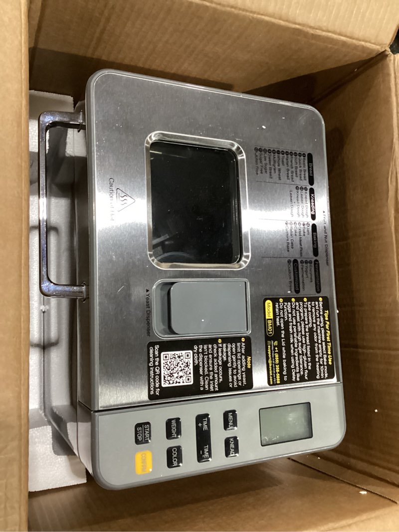 Condition photo showing New/Like New for 25-in-1 Bread Maker Machine with Automatic Dual Dispenser, 2LB Stainless Steel Breadmaker with Gluten-Free, Dough, Jam, Yogurt etc Settings, Silver, NOT TESTED GOOD CONDITION 