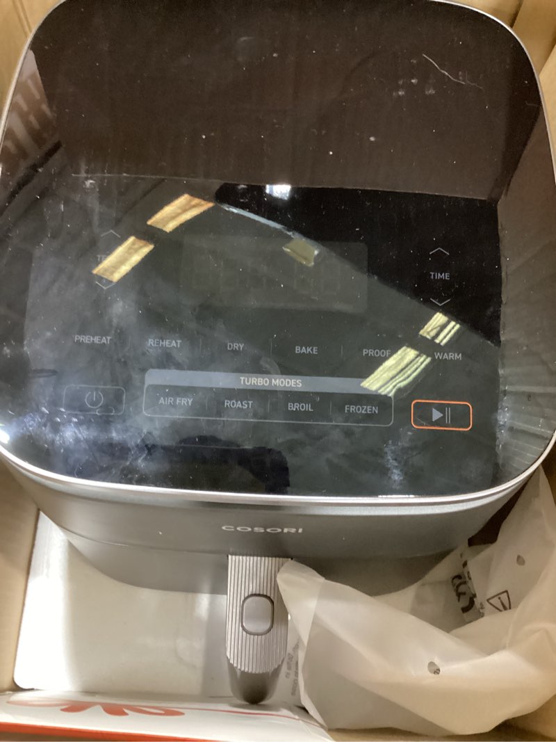 Condition photo showing As Is for cosori 9-in-1 turboblaze air fryer 6 qt, premium ceramic coating, 90°–450°f, precise heating for even results, air fry, roast, bake, broil, dry, frozen, proof, reheat, keep warm, 120v, dark gray dark gray 6qt air fryer
