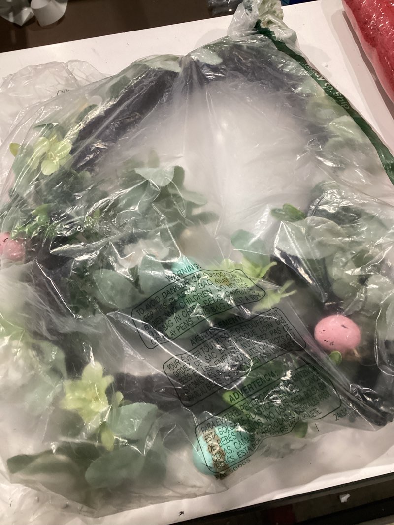 Condition photo showing As Is for 6 ft lighted easter garland easter decorations, easter egg garland with 20 led lights timer flowers berried green leaves artificial spring garlands battery operated for home table mantle holiday decor