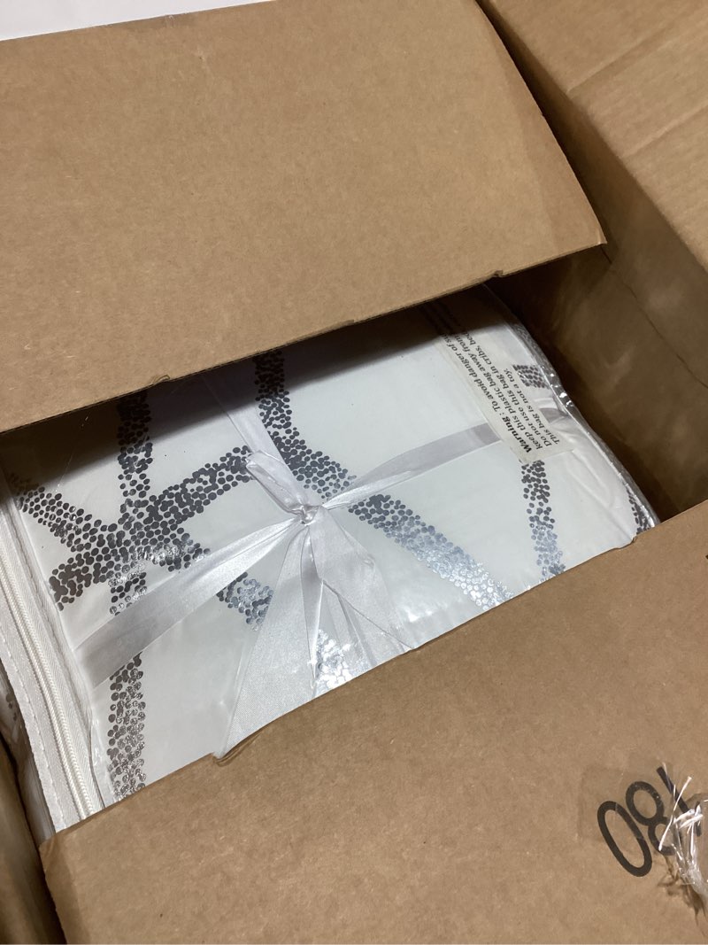 Condition photo showing New/Like New for Comfort Spaces Vivian Comforter Set Ultra Soft All Season Lightweight Modern Geometric Glam Metallic Print Bedding, Matching Sham, Decorative Pillow, Full/Queen, Geometric Blush/Gold Full/Queen Blush/Gold