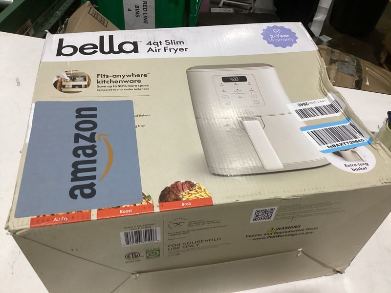 Condition photo showing As Is for bella 4qt slim air fryer, fits-anywhere™ kitchenware, evergood™ ceramic nonstick coating, adjustable temperature, 6 preset cooking options, 60 min auto shutoff w audible tone, 3.3lb capacity, oatmilk 4 qt oatmilk
