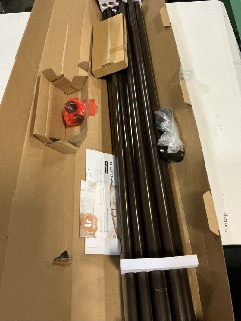 Condition photo showing Good Condition for usfook 1 inch bronze double curtain rods for windows 66 to 120 inches (5.5 to 10 ft), dual curtain rods with end cap finials, telescoping double window rod for sliding glass door bronze 66-120"