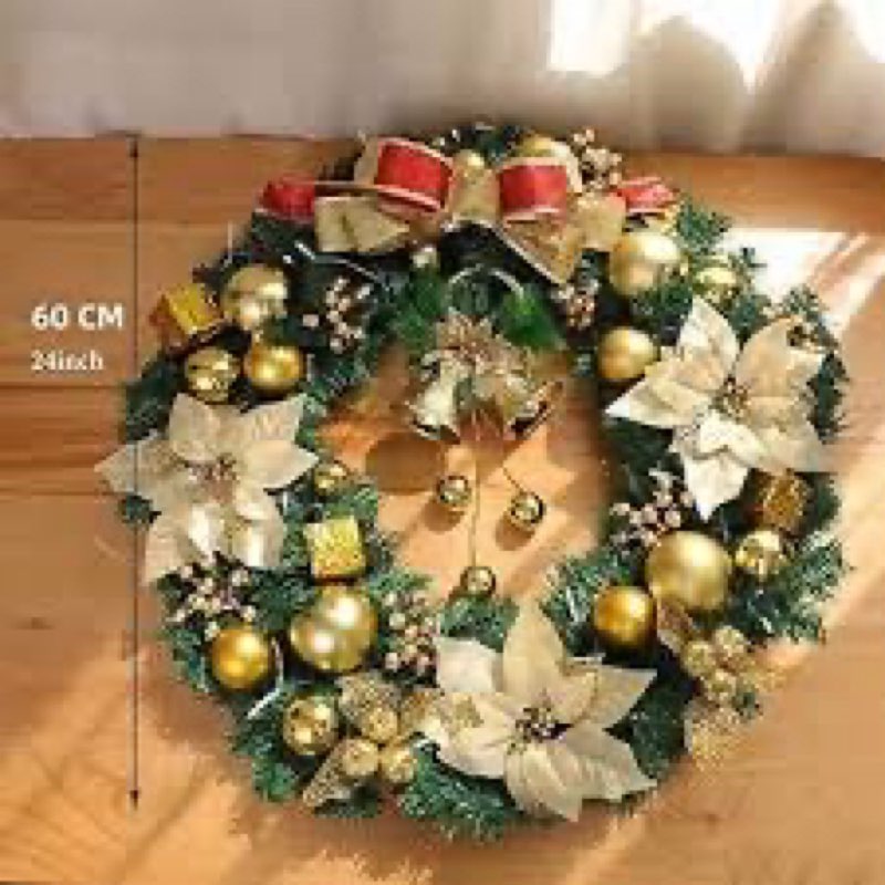 YUGALI 24” Christmas Wreath for Front Door with Lights Hanger Golden Ball Artificial Frosted Evergre