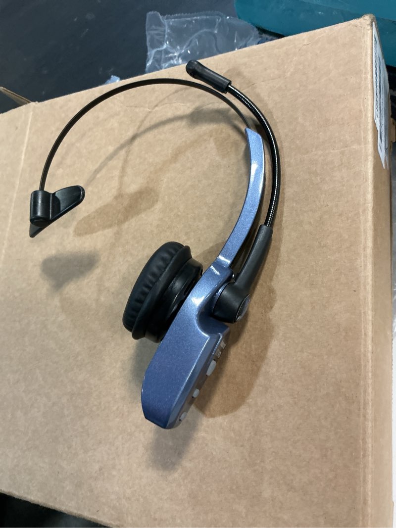 Condition photo showing As Is for blueparrott b250-xts mono bluetooth wireless headphones 91% noise canceling over head trucker headset with mic, lightweight design with adjustable headband, 20 hrs. talk time, blue (renewed)