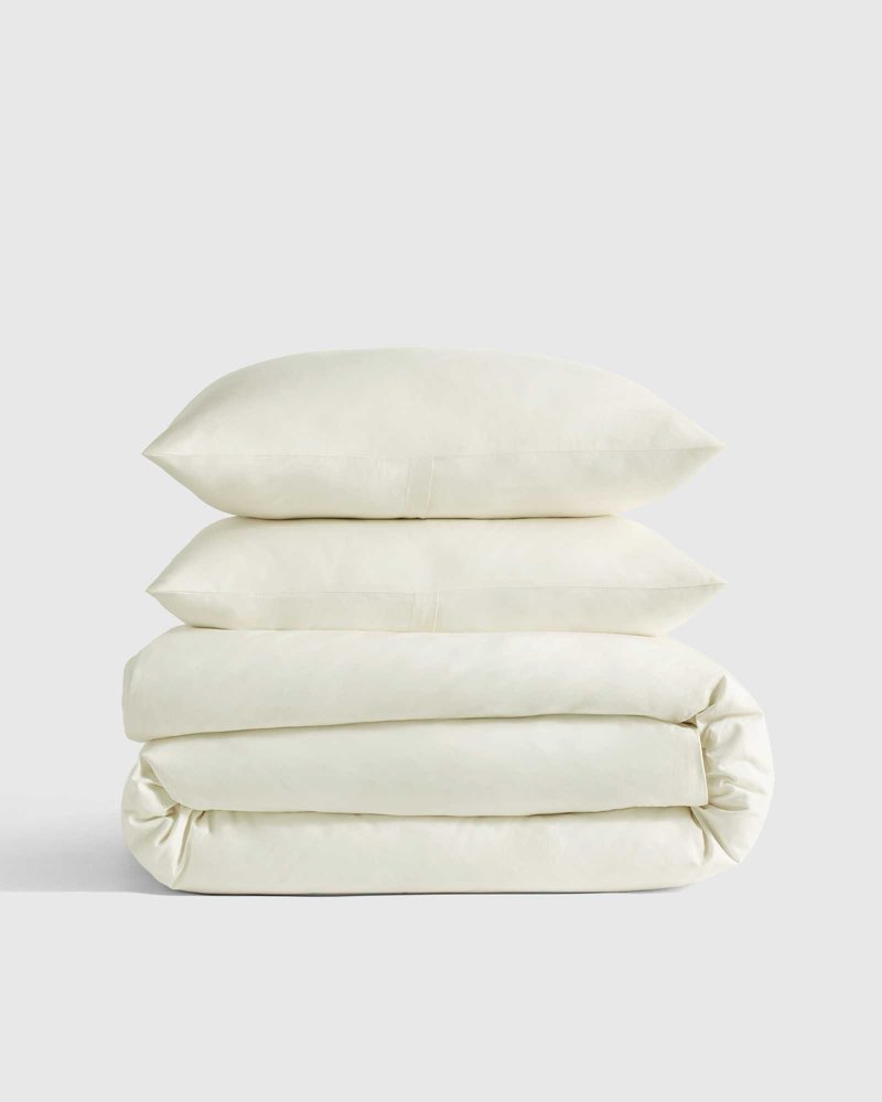 organic crisp percale duvet cover set, queen, ivory