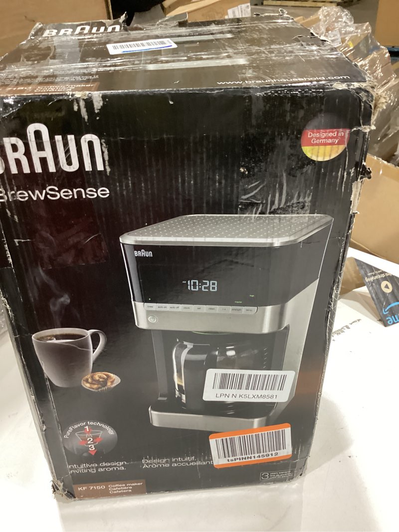 Condition photo showing New/Like New for Braun BrewSense 12 Cup Drip Coffee Maker - Pause & Pour Mid Brew, Coffee Machine with 24-Hour Timer & Clock, Bold & Regular Strength, 1-4 Cup Functions, Self Clean, Auto Shutoff, Stainless Steel Silver