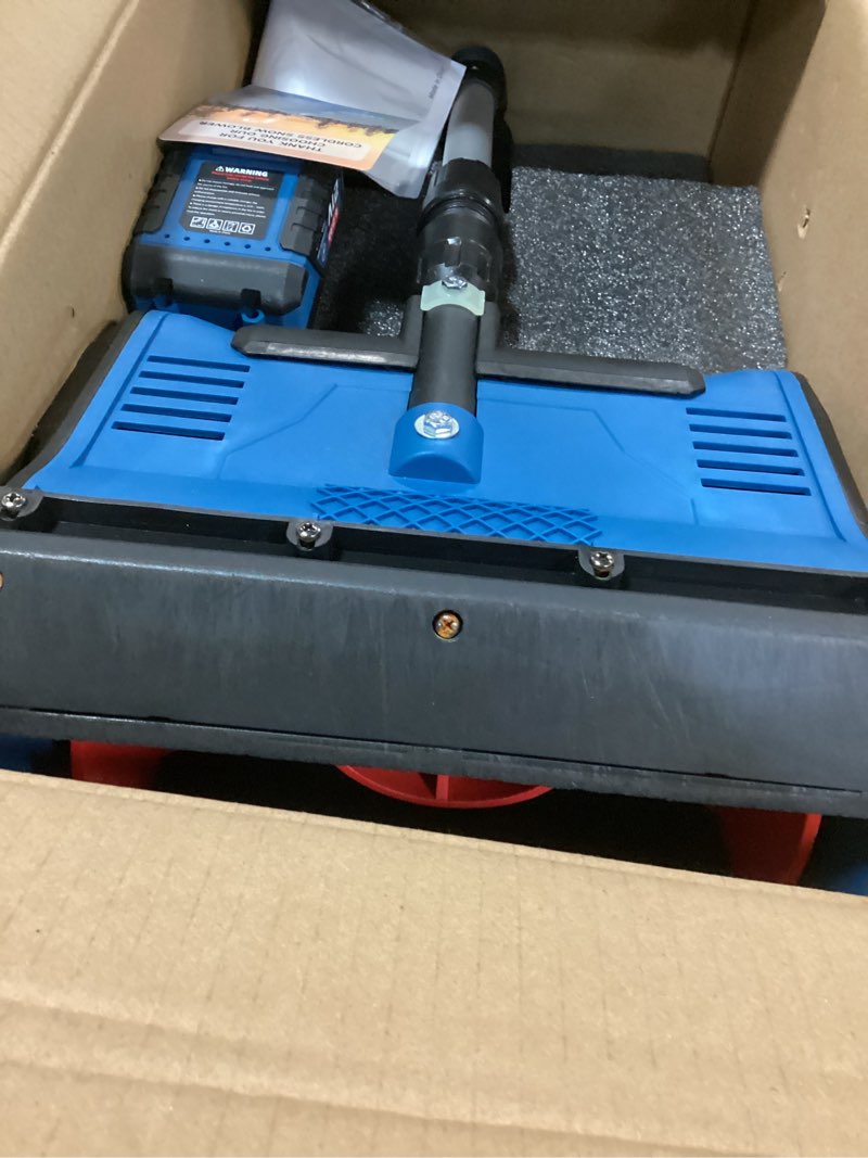 Condition photo showing As Is for Cordless Electric Snow Shovel Rake, 21V 12-Inch Brushless Battery Snow Blower with 4.0Ah & Fast Charger, 20FT Throw Distance, Compact Design, Adjustable Front Handle, for Driveway/Sidewalk – Blue