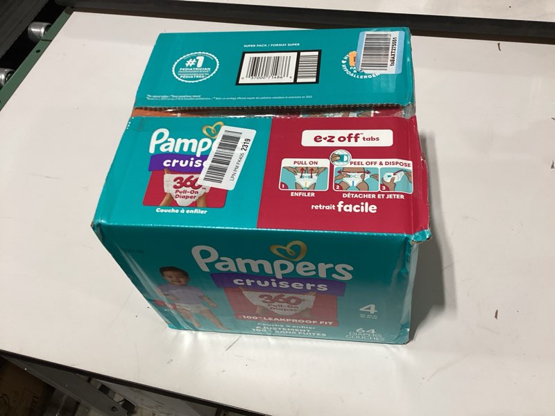 Condition photo showing New/Like New for Pampers Diapers - Cruisers 360 - Size 4, 64 Count, Babyproof up to 100% Leakproof Pull-On Diaper Size 4 64