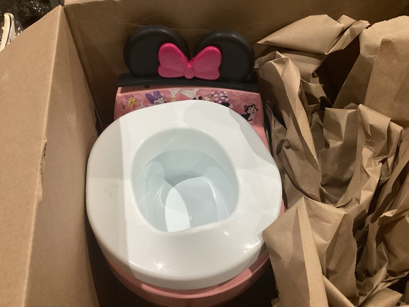Condition photo showing As Is for the first years disney minnie mouse potty training toilet and toddler toilet seat attachment - 2-in-1 toddler potty training toilet with removable toilet training seat - potty training must haves updated minnie mouse