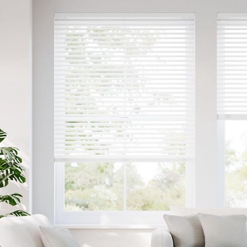 SelectBlinds 2” SWave Cordless Faux Wood Blinds – Maximum Light Control – Any Size 22-72” W x 36-72” H, No Tilt Wand, Inside or Outside Mount (White)