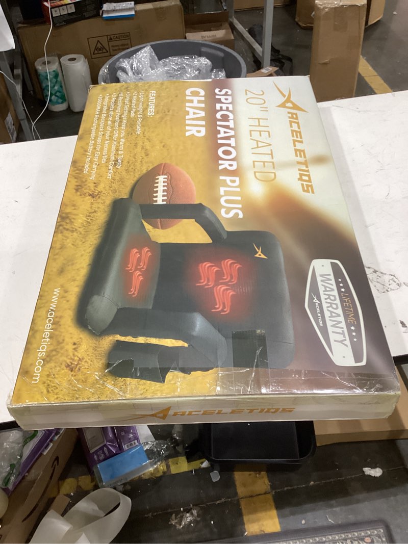 The item shown is an Aceletiqs 20" Heated Spectator Plus Chair designed for comfortable seating on bleachers