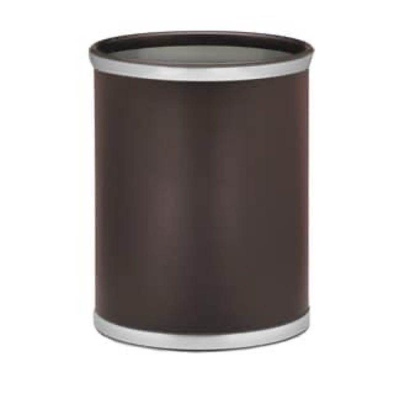 Kraftware Leatherette Wastebasket, 14", Brown with Brushed Chrome