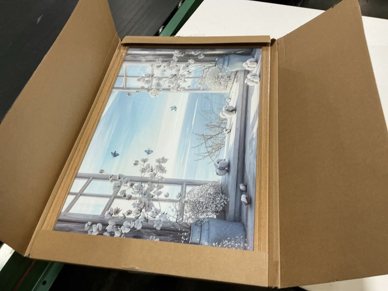 Condition photo showing New/Like New for coastal flower bathroom wall art, blue beach cotton canvas wall decor paintings, farmhouse butterfly posters prints pictures for living room bedroom restroom home decor 16x24 inch wood framed blue flower window framed 24"l x 16"w