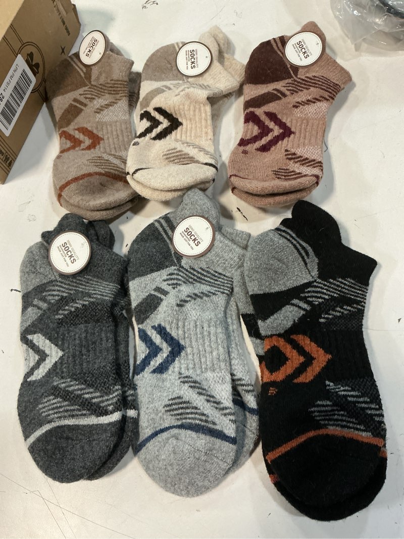 Condition photo showing Good Condition for antsang 6 pairs merino wool ankle hiking running socks compression thick cushion breathable no show socks for men women medium brown/grey/black