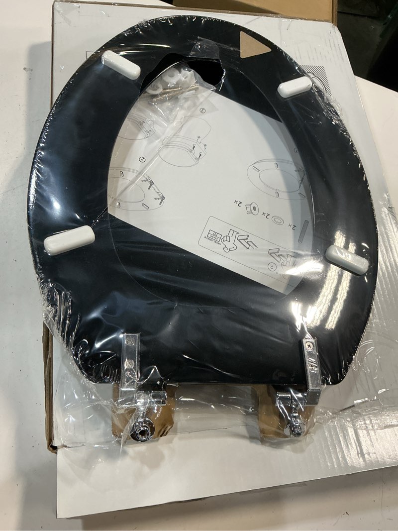 Condition photo showing New/Like New for black elongated toilet seat natural wood toilet seat with zinc alloy hinges, easy to install also easy to clean, scratch resistant toilet seat by angol shiold (elongated, black) elongated black