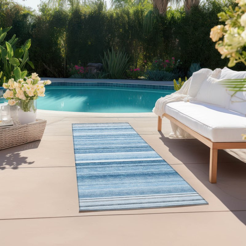 Kinslee Striped Machine Woven Polyester Indoor / Outdoor Area Rug in Blue