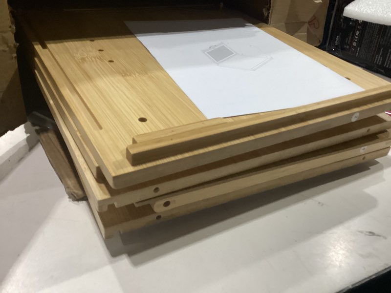 Condition photo showing Good Condition for bamboo bread box for kitchen countertop, double layer kitchen counter organizers and storage for fruits, tea, spices, coffee, vintage bread bin container with cutting board, natural