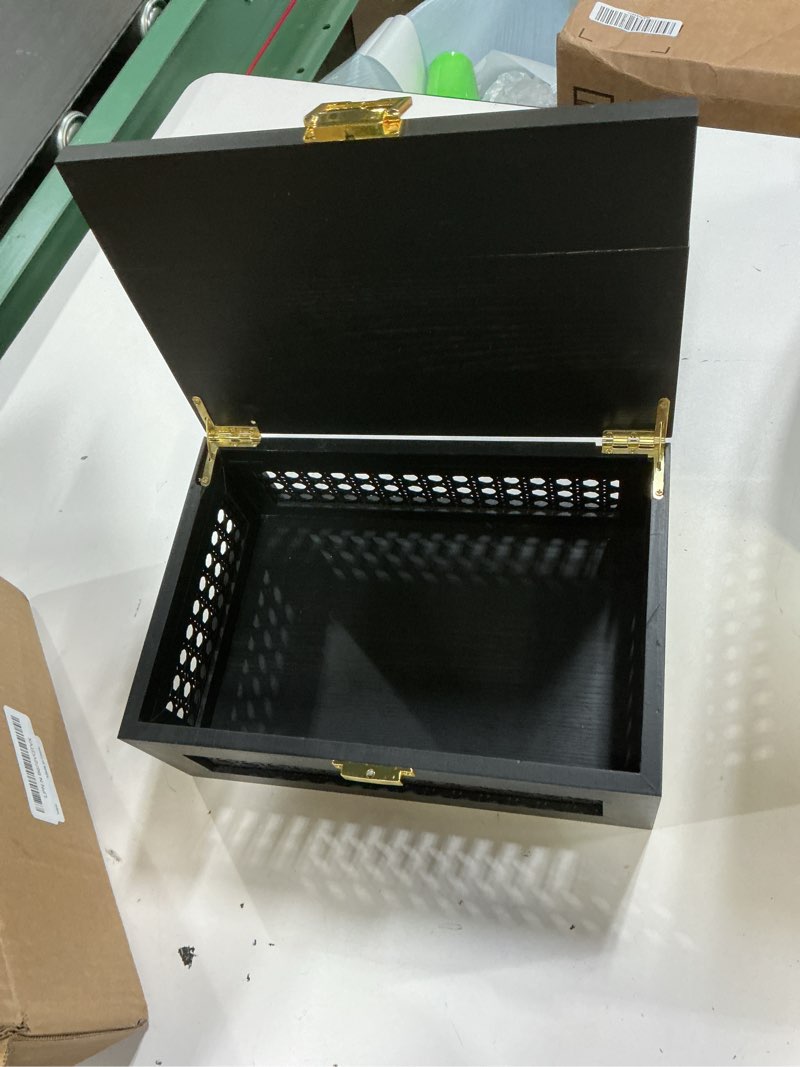 Condition photo showing As Is for decorative rattan storage boxes solid wood woven baskets bins with lid keepsake memory jewelry box natural boho shelf wicker closet desk organizer container (black, small size) set of 1 (small) black