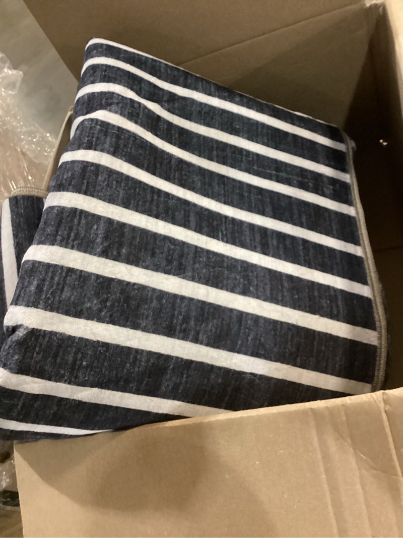 Condition photo showing Good Condition for JONATHAN Y Rand Distressed Ticking Stripe Machine-Washable Navy/Gray 8ft. x 10ft. Area Rug, Non-Shedding, Easy-Clean, Durable Synthetic Fibers