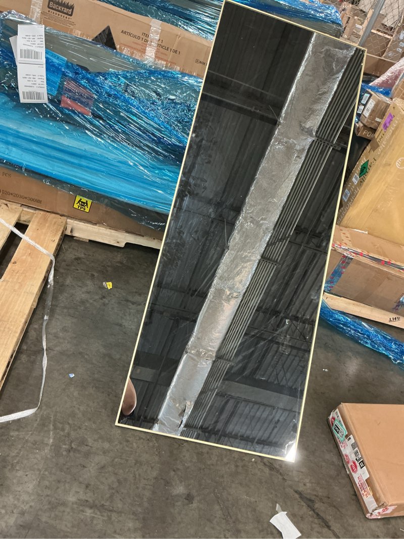 Condition photo showing As Is for dumos 26"x68" full length mirror with stand, floor standing aluminum frame, shatter-proof nano glass for bedroom, living room, cloakroom – modern simple home decor,can be hanging or leaning, gold gold-rect edge 68"l x 26"w