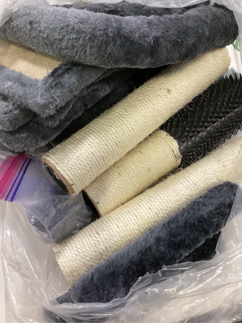 Condition photo showing As Is for heybly cat tree with cat self groomer brush, cat tower condo for indoor cats with padded plush perch, cat house with basket scratching board post, smoky gray hct005sg 42.5 inch smoky gray