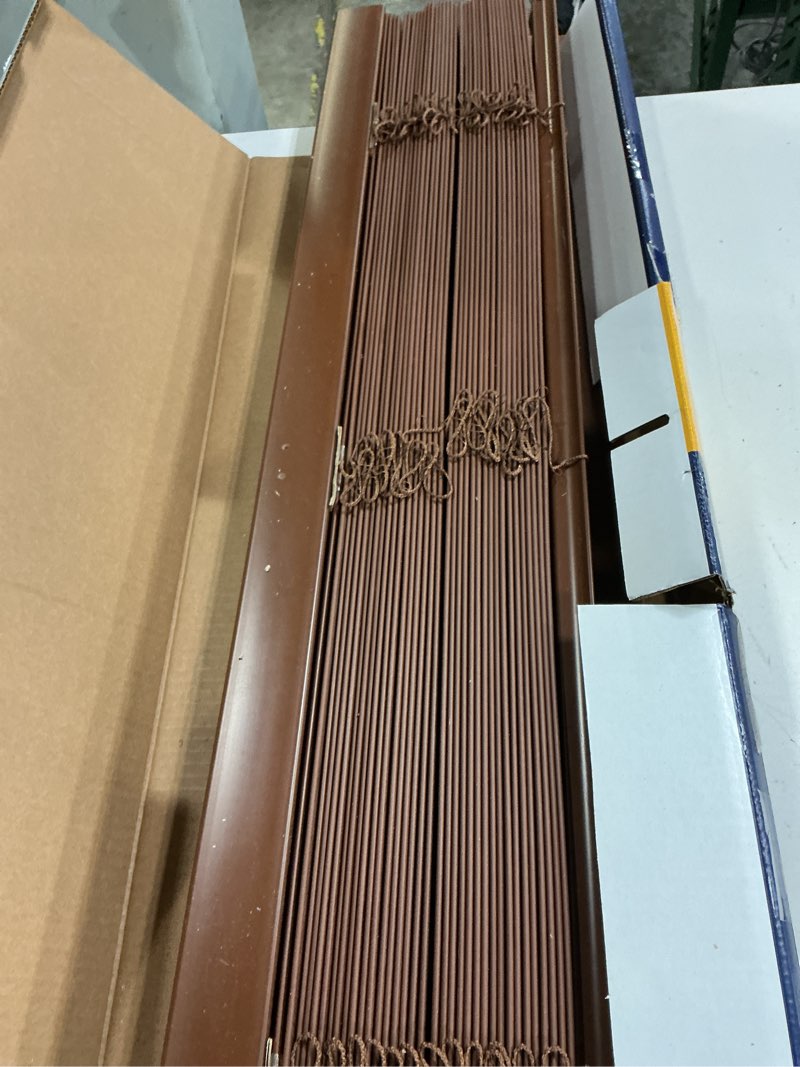 Condition photo showing As Is for levolor trim+go 2-in slat width 35-in x 64-in cordless walnut faux wood room darkening horizontal blinds