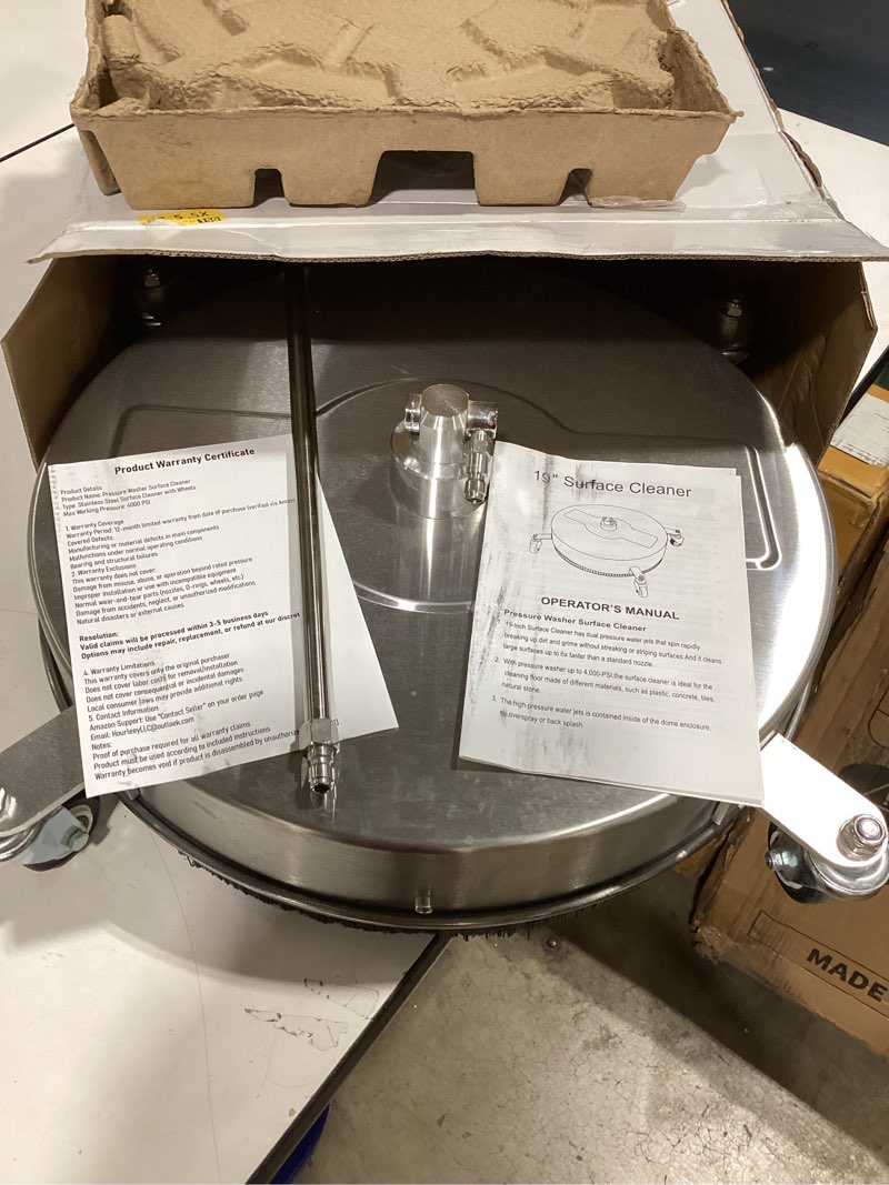 Condition photo showing Good Condition for 19" pressure washer surface cleaner with 4 wheels, stainless steel power washer surface cleaner for driveways sidewalks patios, 1/4" quick connector, 2 extension wand, 4000 psi 19 inch silver