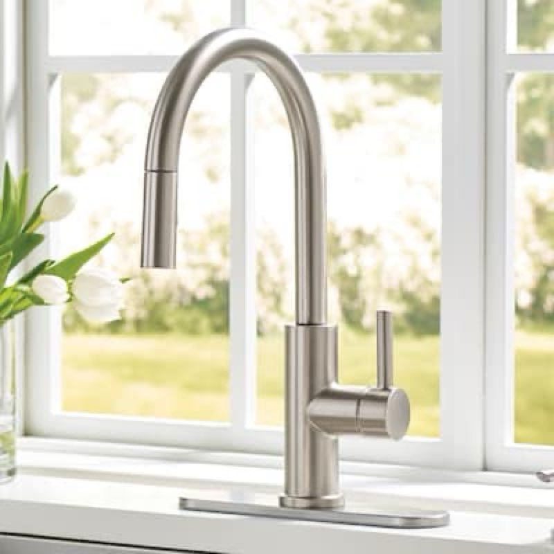 allen + roth harlow simplefit spot free stainless steel single handle deck-mount pull-down kitchen faucet with sprayer (includes deck plate) (includes soap dispenser)
