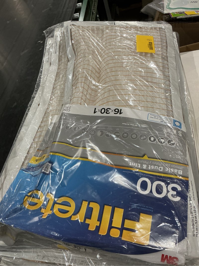 Condition photo showing As Is for filtrete 16-in w x 30-in l x 1-in merv 5 300 mpr basic dust and lint electrostatic air filter (3-pack)